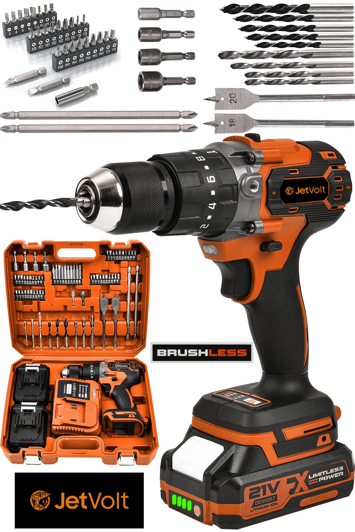 21v Çelik Mandren Kömürsüz Motor Darbeli Şarjlı Matkap Vidalama - Turuncu