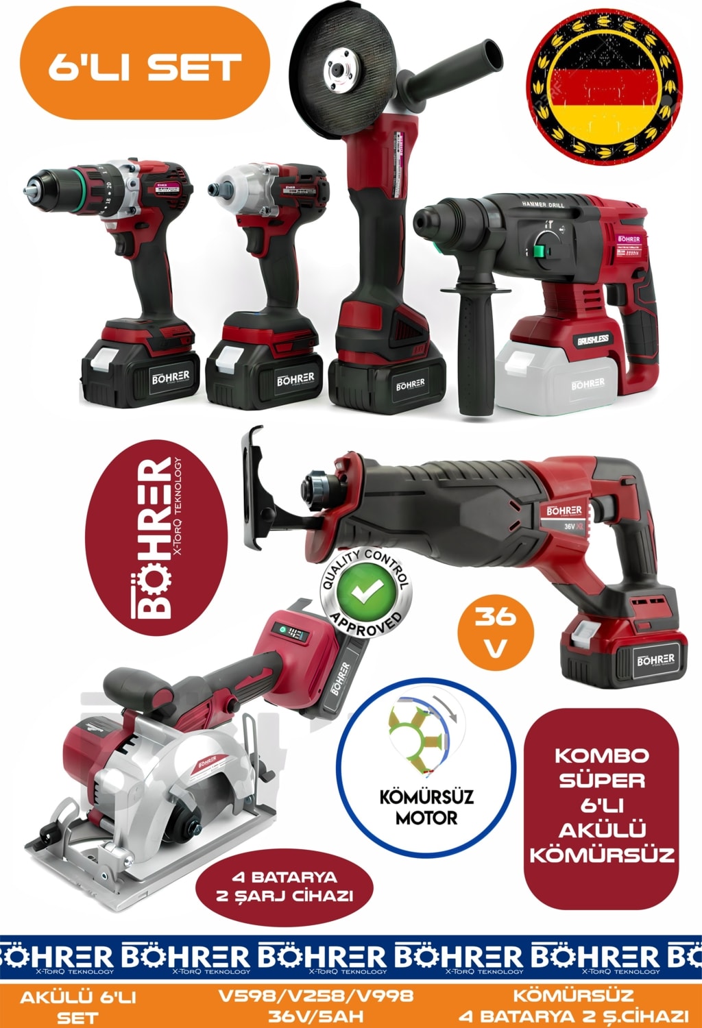 Alman BA01086K 4 Akülü 2 Şarjlı Kömürsüz V598 5AH Profesyonel 6 Makine Kombo Set - Red Kırmızı
