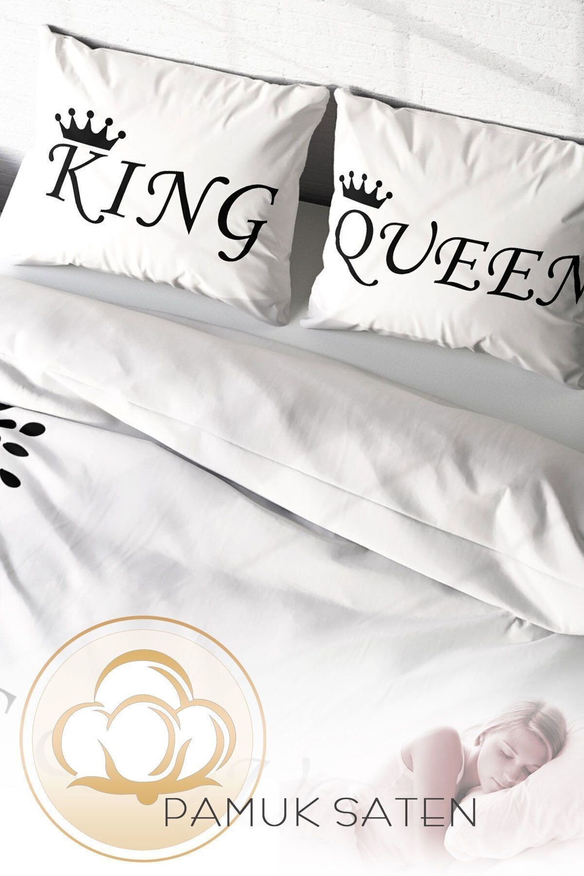 Lastikli Çarşaflı %100 Pamuk Saten Çift Kişilik Nevresim Takımı White King-Queen