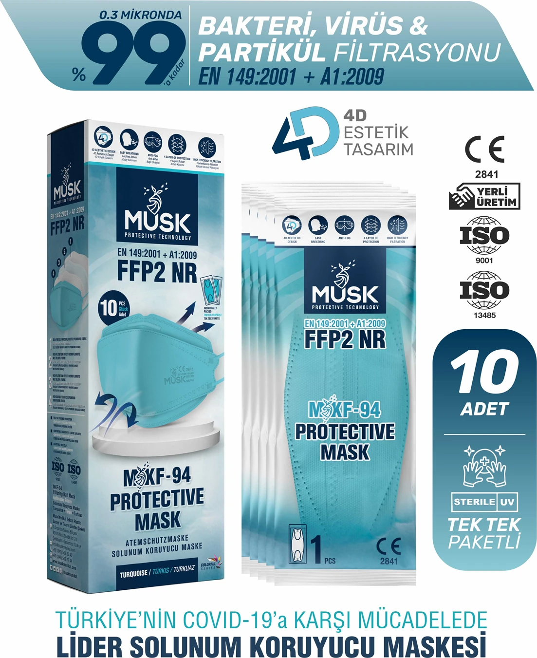 KF94 Kore Tipi Ffp2 Maske Turkuaz Renk 10 Adet