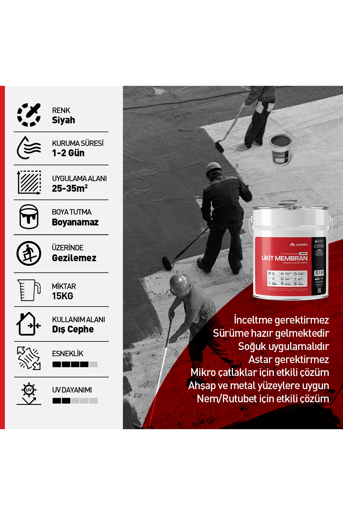 Alkoru 15 Kg Süper Kauçuk Ve Elyaf Katkılı Likit Membran Uv Dayanımlı Su Yalıtım Izolasyonu