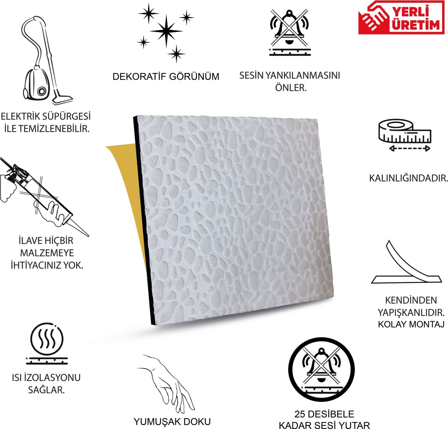 Beyaz Boyanabilir Embos Keçe Ses ve Isı Yalıtım Paneli 40X40 cm 6 Adet-1m²