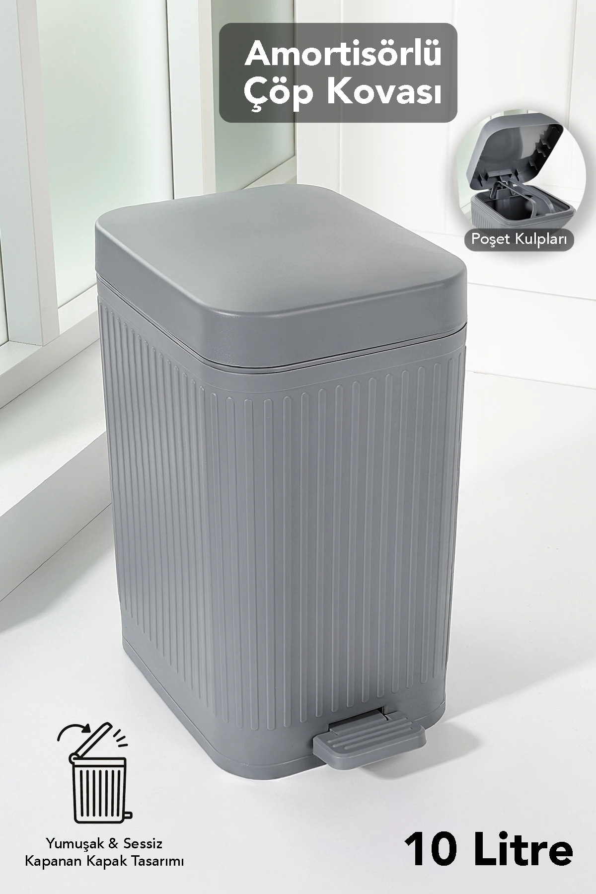 10 Lt Pedallı Sessiz Çöp Kovası - Yavaş Kapanır Amortisörlü Kapak Banyo Mutfak Çöp Kovası Gri