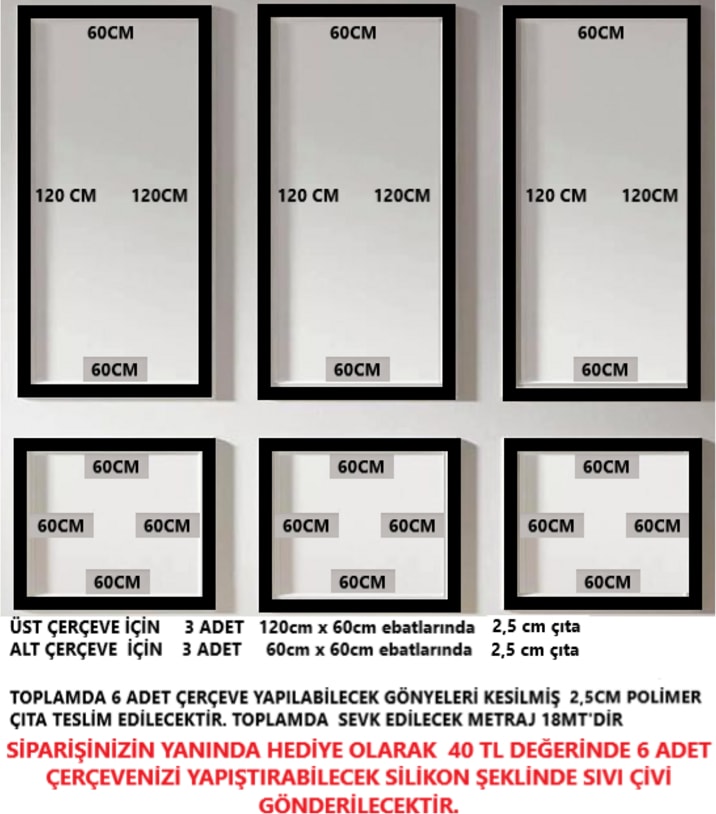 Dekoratif Boyanabilir 2,5 cm Duvar Çıtası 6 Adet Hazır Kesimli Çerçeve Paketi