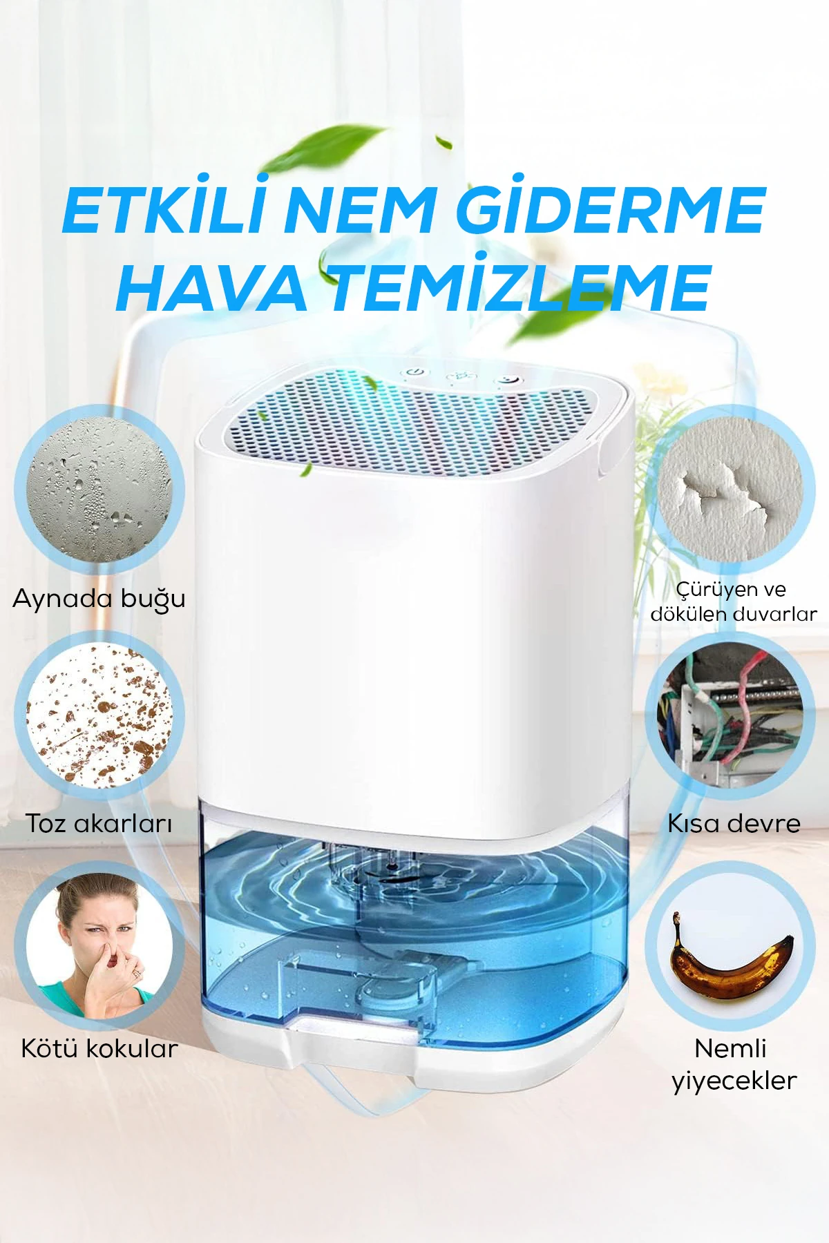 Nem Alıcı Cihaz 1000 ml Su Hazneli Sessiz Rutubet Giderici Nem Alma Makinesi Gece Lambalı