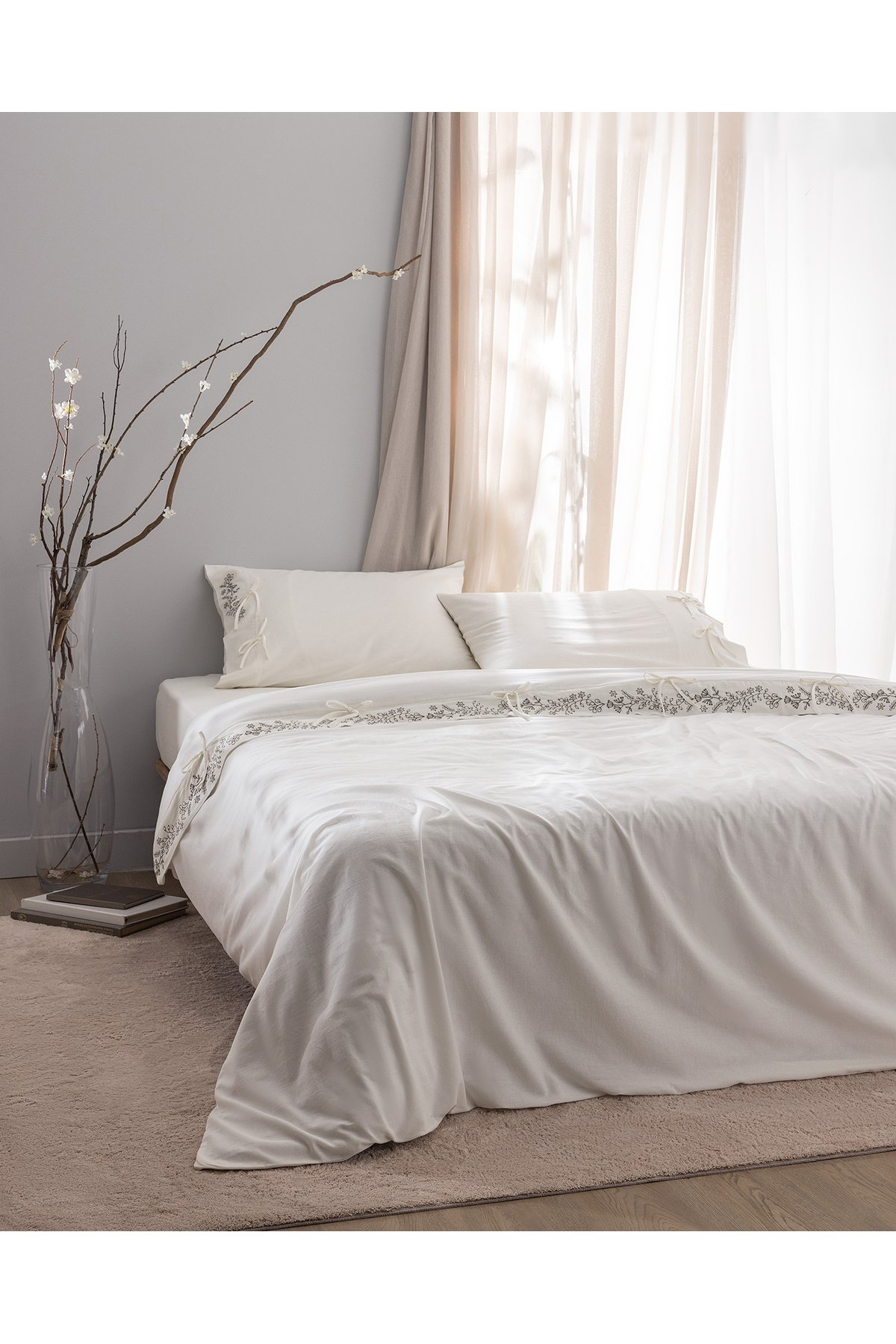 Relief King Size %100 Pamuk Bağlamalı Nevresim Takımı - Ekru/Haki