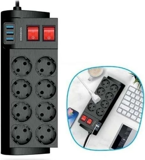 Buffer® Isıya Dayanıklı Termal Akım Korumalı 2 Metre 16A 4000W 8li Priz ve 3 USB Li Uzatma Kablosu