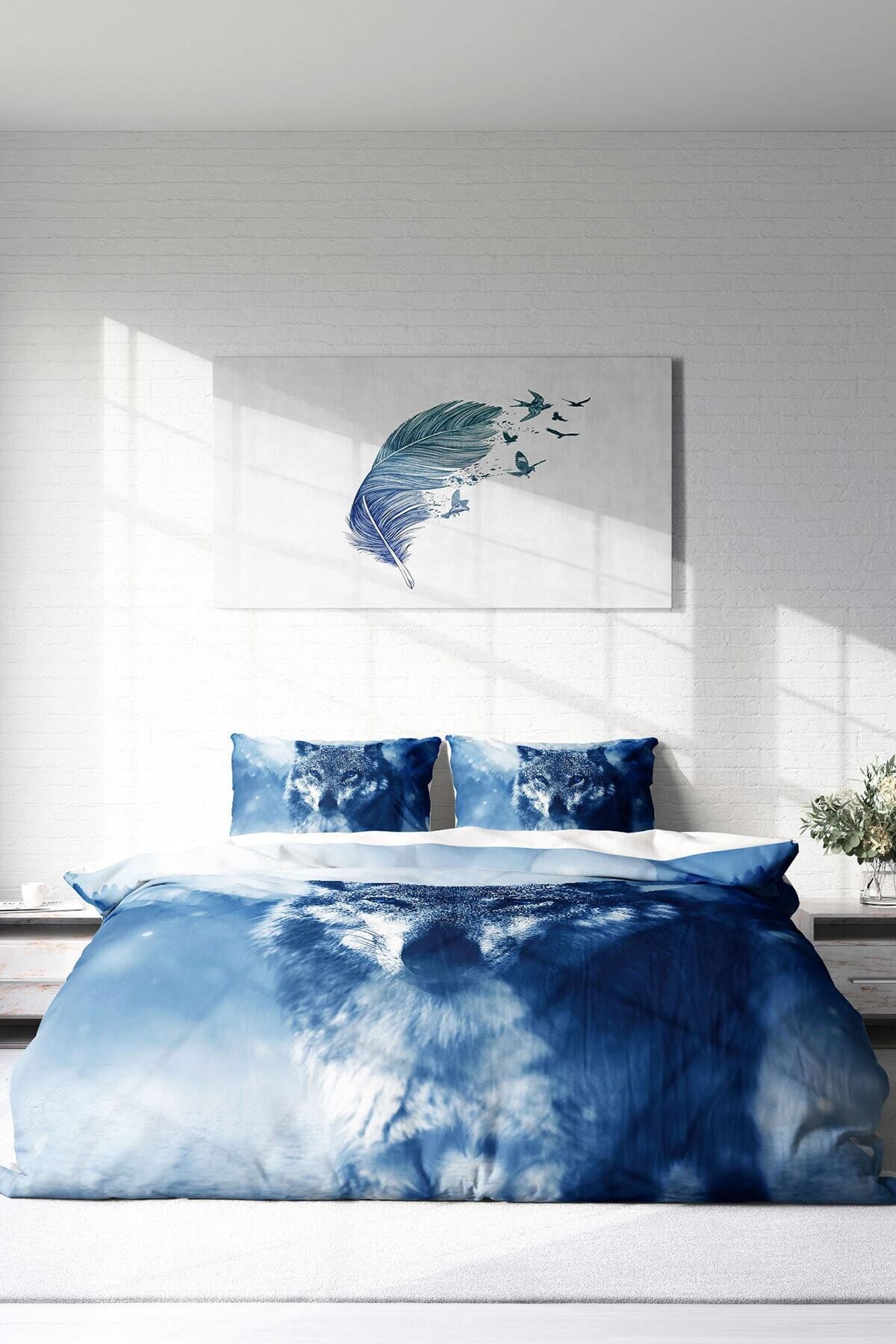 Kıng Sıze Lonely Wolf Naturel Çift Kişilik Nevresim Takımı 220x240cm