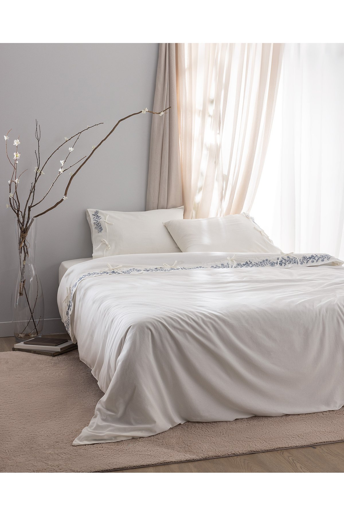 Relief King Size %100 Pamuk Bağlamalı Nevresim Takımı - Ekru/Lacivert
