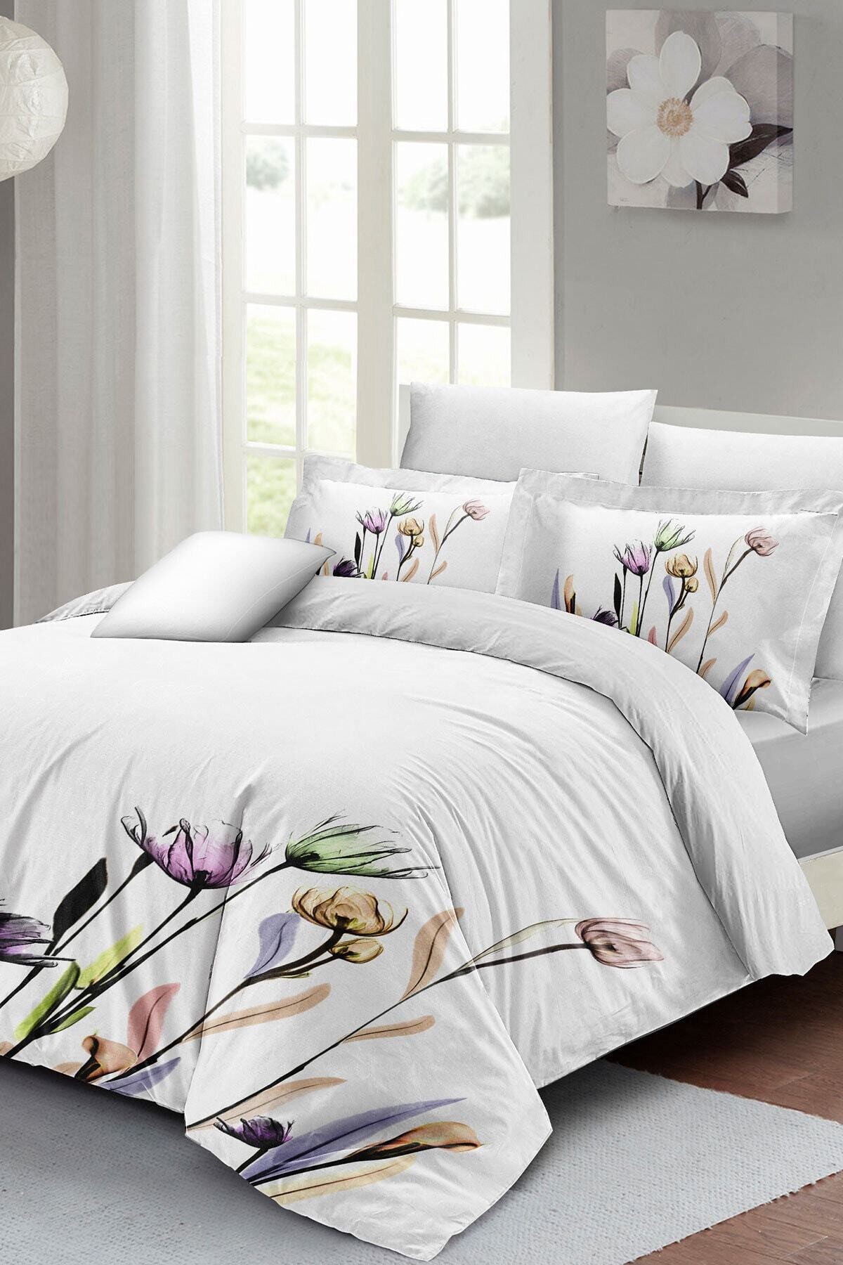 Kıng Sıze Çiçekli Beyaz Çift Kişilik Nevresim Takımı 220x240cm