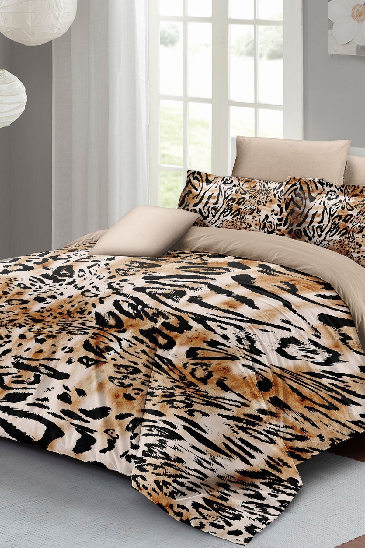 Leopar Çift Kişilik Nevresim Takımı Özel Dokuma Pamuk Saten Drawing Leopard