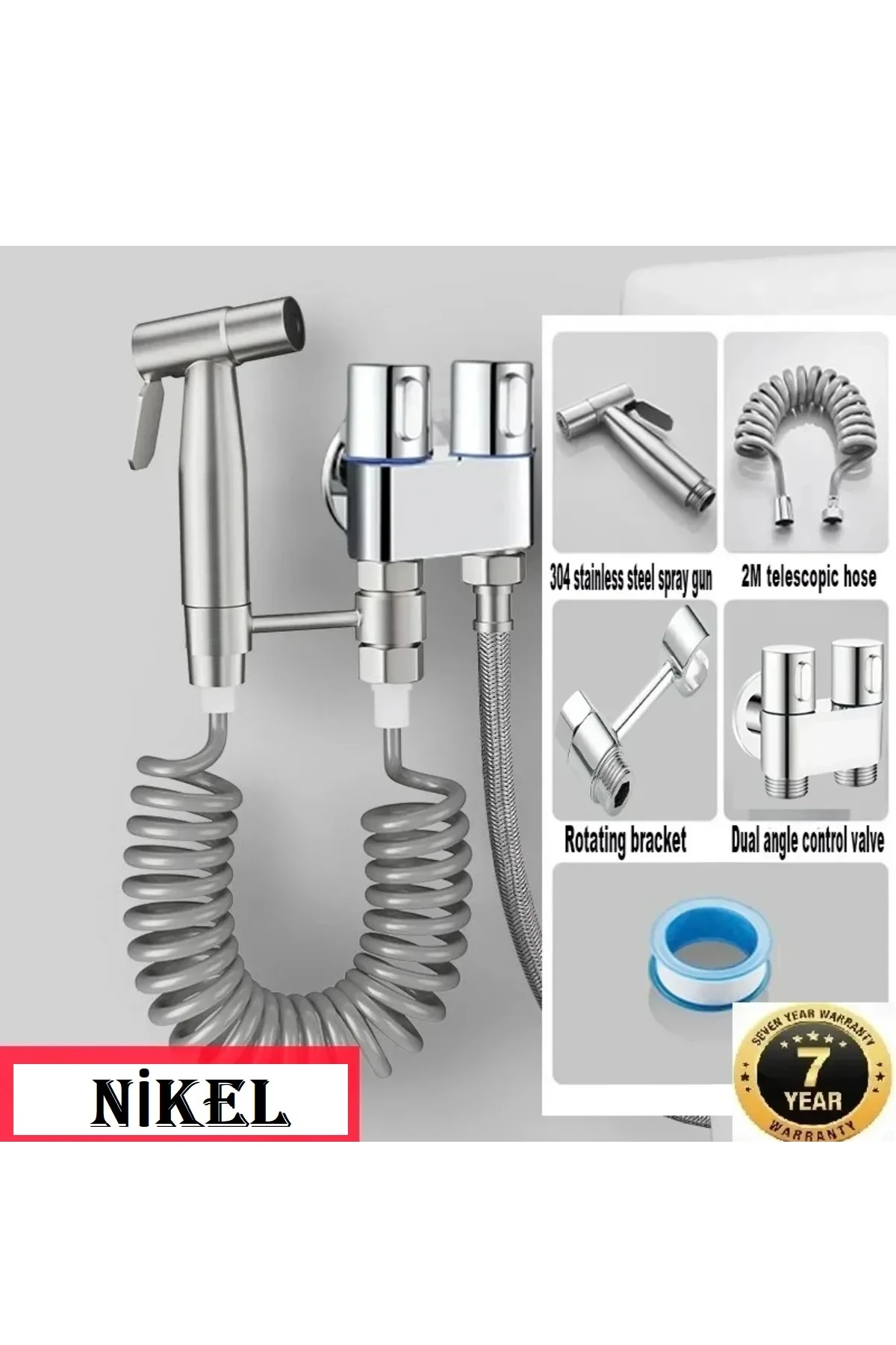Banyo Bide Basınçlı Püskürtücü Taharet Musluğu Klozet Hortumu Nikel Renk İthal 7 Yıl Garantili
