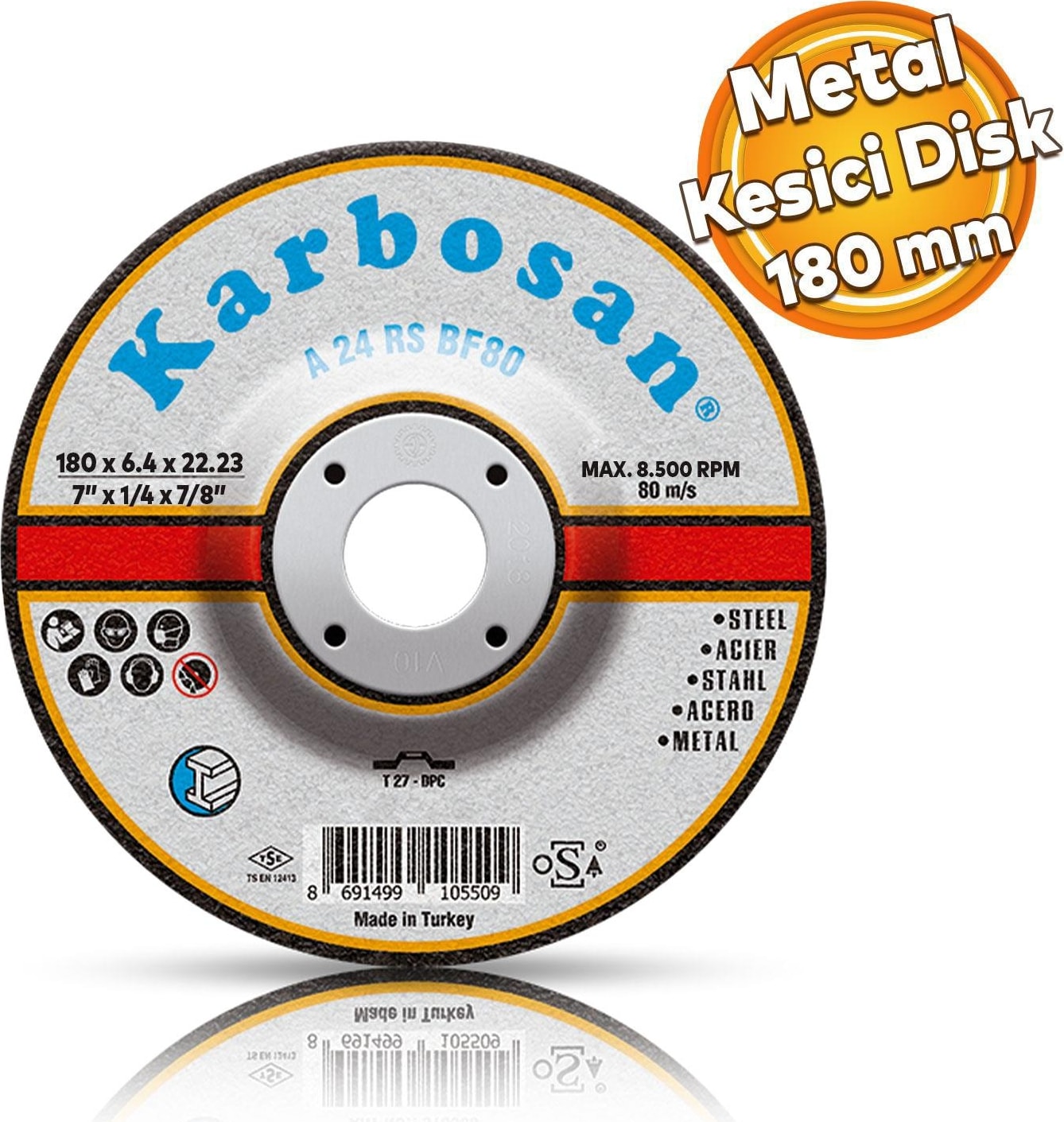 KARBOSAN Metal Kesici Taş Disk Taşlama Spiral Demir Kesme Diski 180X3.0X22.23 mm