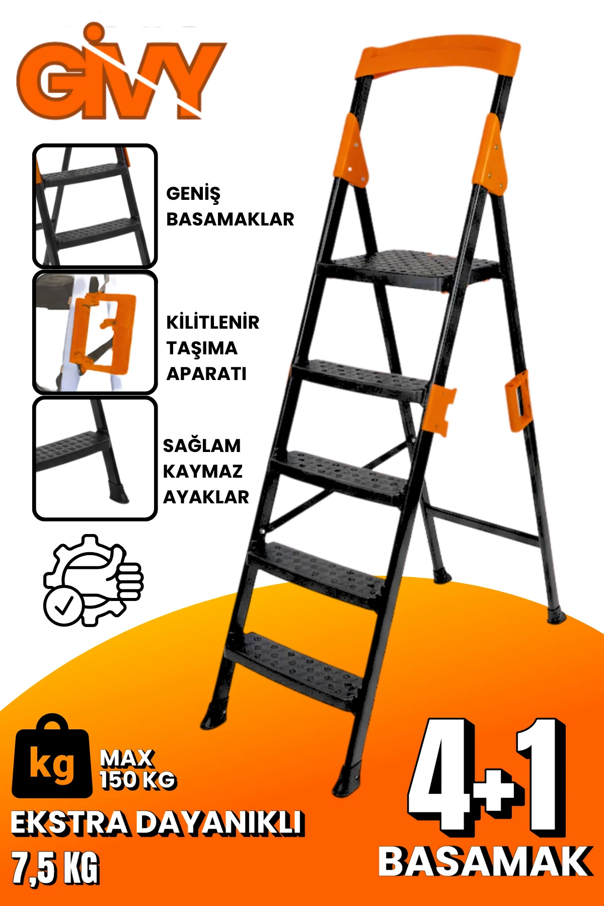 Primo 4+1 Basamaklı Katlanır Merdiven | Ev Tipi Kaymaz Plastik Geniş Basamaklı 4+1 Merdiven