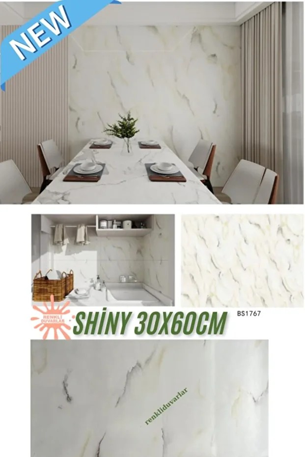 BS1767 Shiny 10m2 55 Adet 30x60cm Yapışkanlı  Mermer Desenli Karavan Banyo Wc Duvar Kaplama Paneli