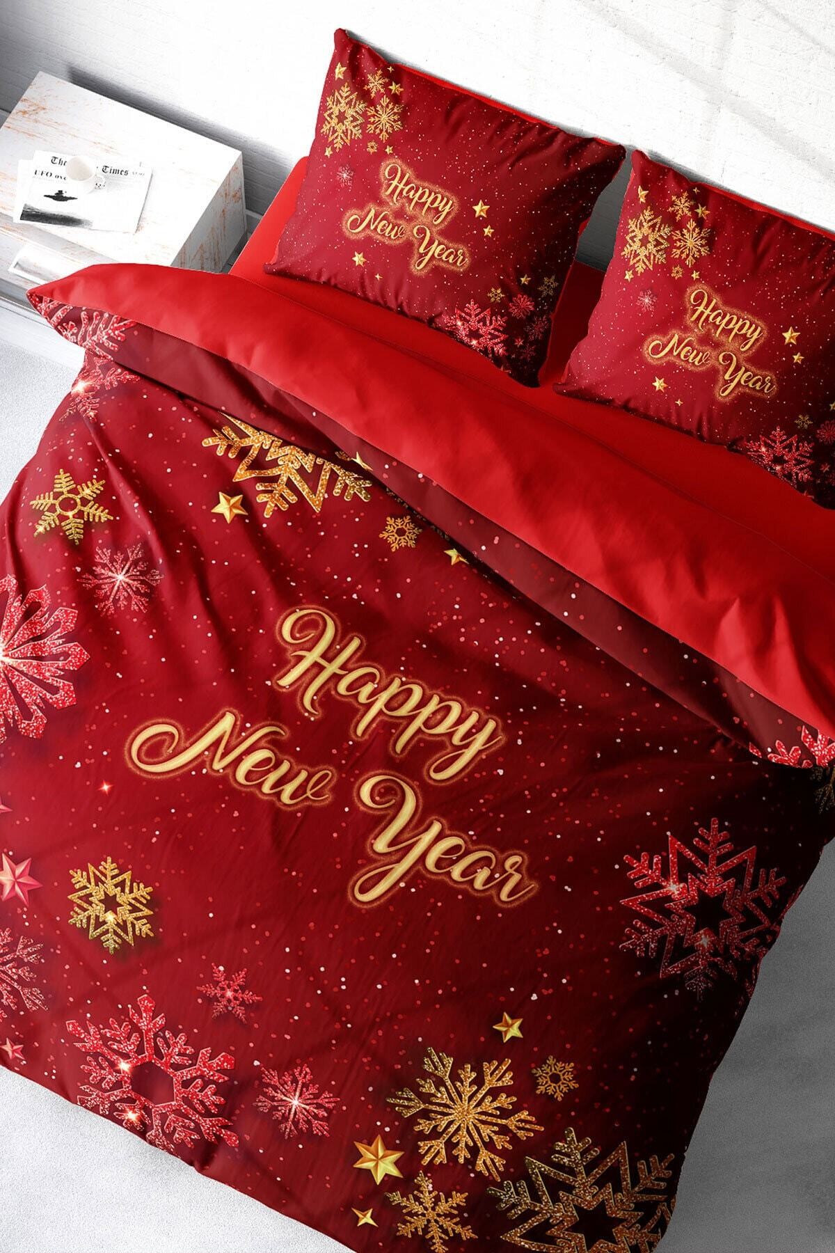 KING SIZE Yılbaşı Süsü Merry Christmas Çift Kişilik 3D Nevresim Takımı Pamuk Saten Kar Kristalleri