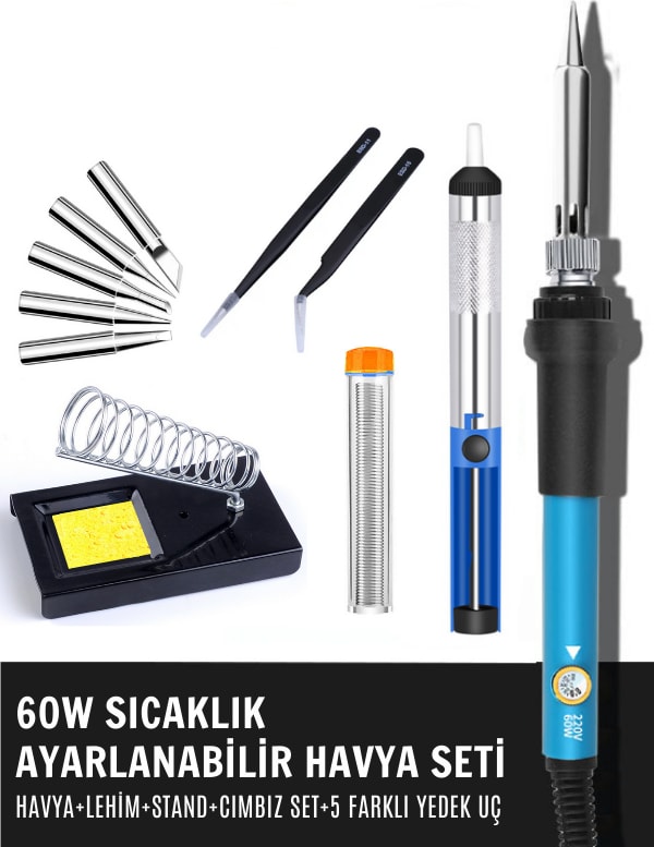 ST-60 60W Sıcaklık Ayarlanabilir Havya,Havya Standı,Lehim Pompası,Lehim Tüpü,Cımbız Set,Yedek Uç
