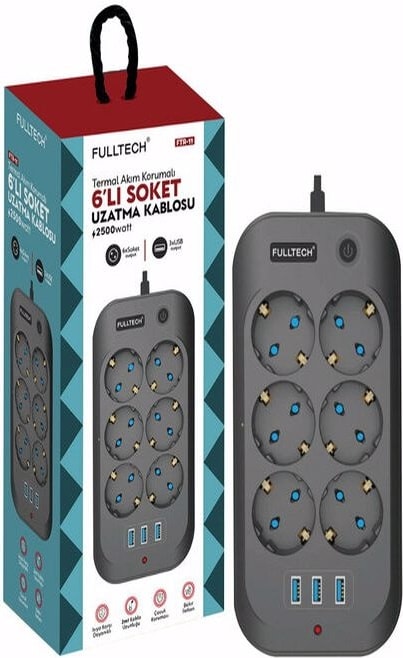 6 Priz 3xusb 10A 2 Mt Kablo 2500W Akım Korumalı Priz Ftr-11 8551