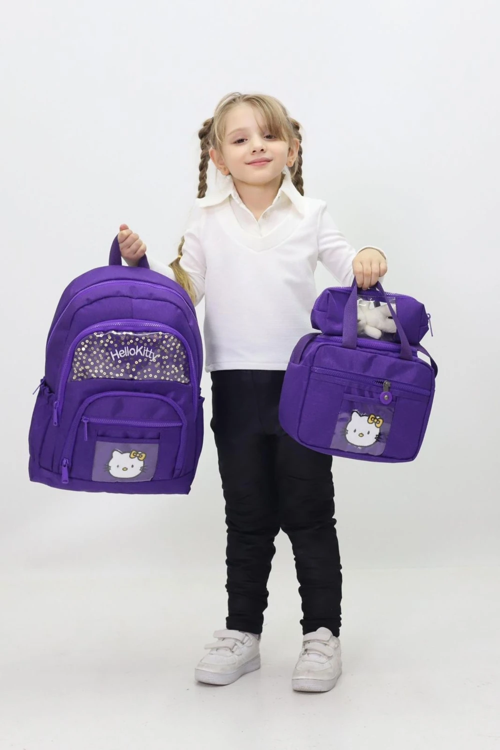 3lü Okul Sırt Kız Çantası Hello Kity Desenli Termal Beslenme Kalemlik Hediyeli