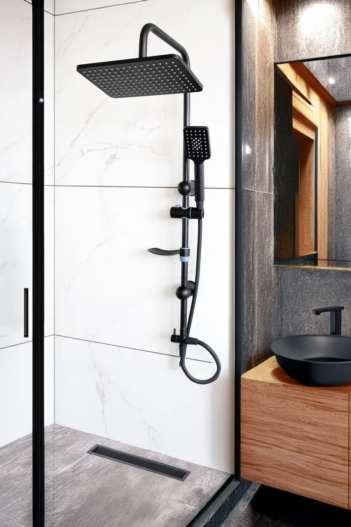 Banora Lux Kare Robot Duş Sistemi, Fonksiyonlu El Duşu, Paslanmaz Çelik, Standart Sabunluk, Siyah