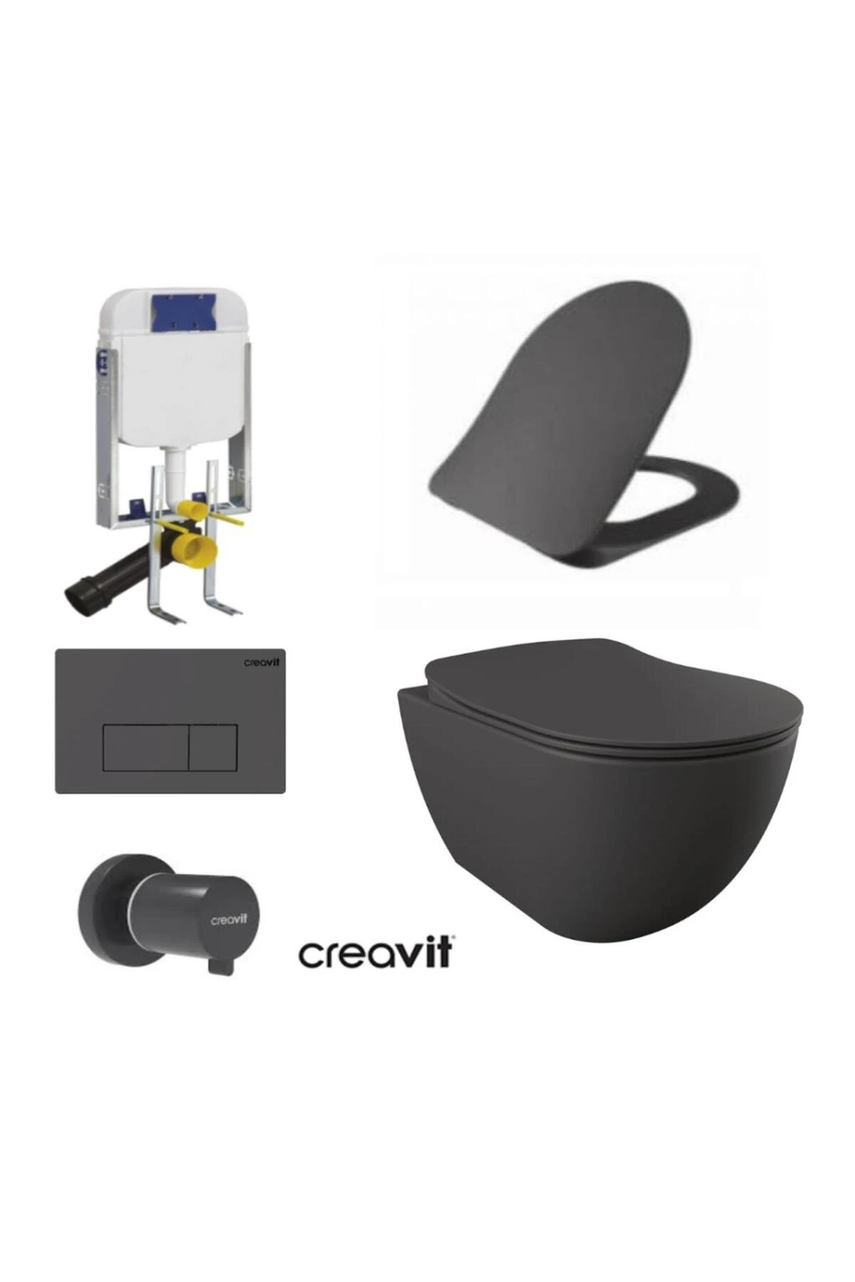 GR5001- FE320 5 Parça Antrasit Mat Asma Klozet Gömme Rezervuar Seti