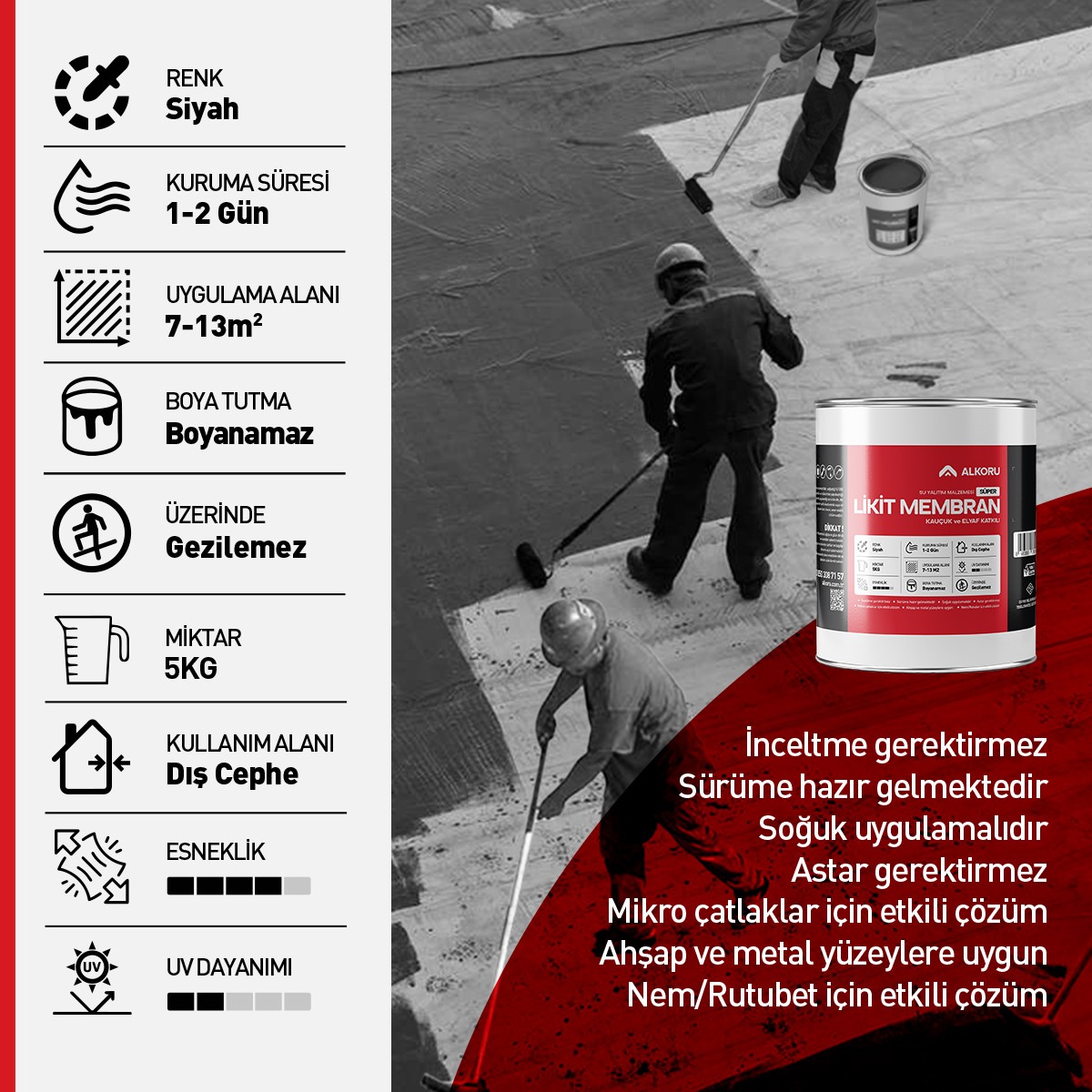 5 kg Süper Likit Membran Kauçuk ve Elyaf Katkılı Sıvı Su Yalıtım Malzemesi