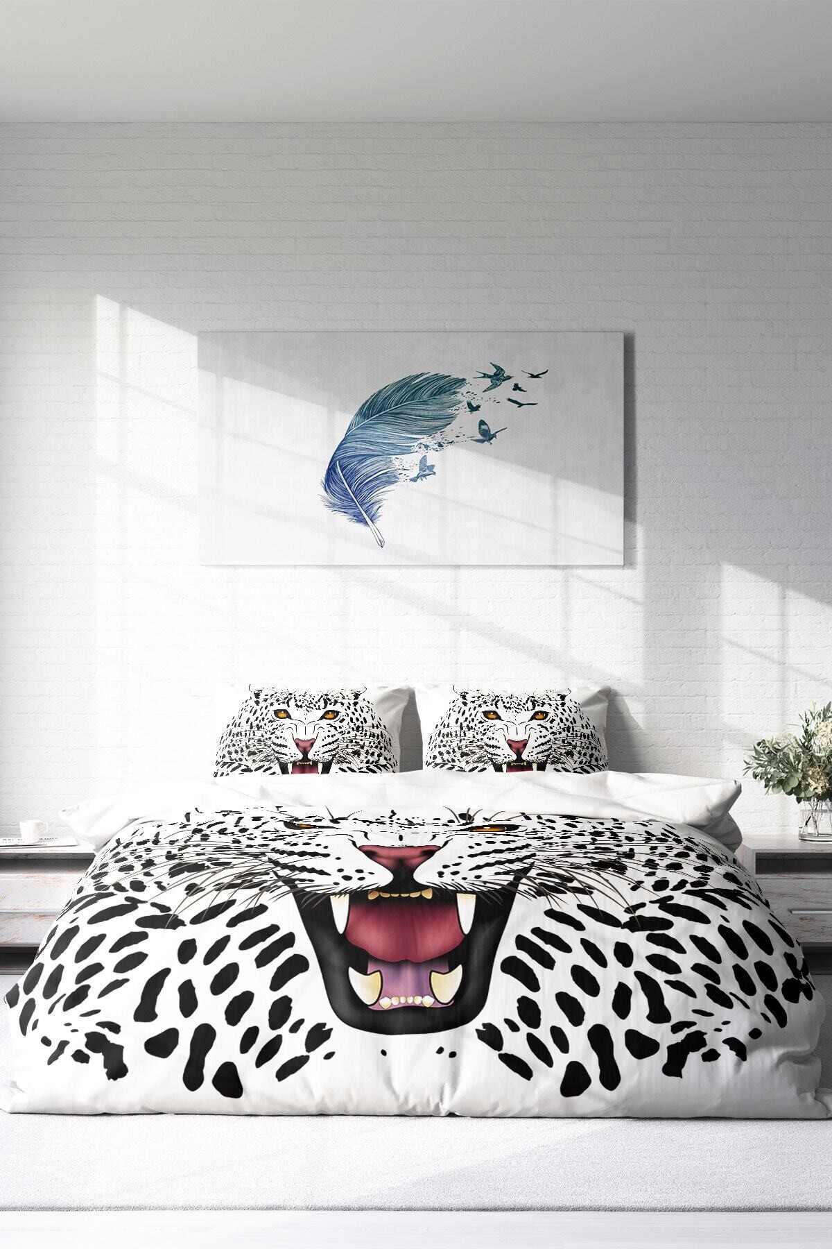 Kıng Sıze Beyaz Leopard Naturel Çift Kişilik Nevresim Takımı 220x240cm