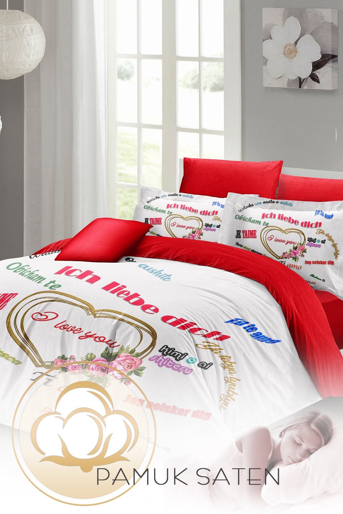 Kıng Sıze Sevgililer Günü Çift Kişilik Nevresim Takımı%100 Pamuk Saten Her Dilde Aşk 220x240cm