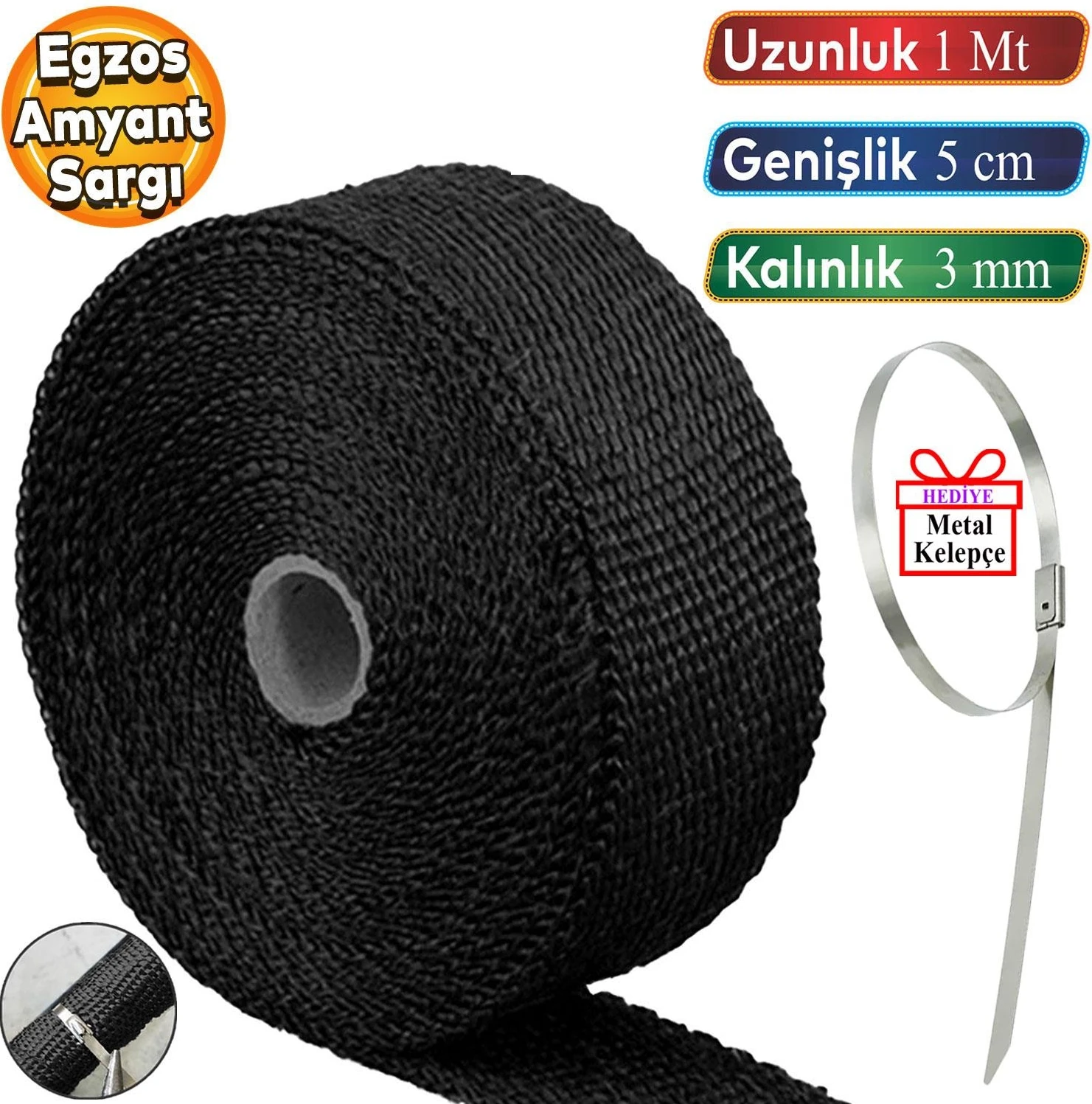 1 Metre 5 Cm Cam Elyaf Eksoz Sargısı Metal Kelepçe Manifold Sargı Bezi Yanmaz Bant Siyah Amyant 3 Mm (Kalınlık)