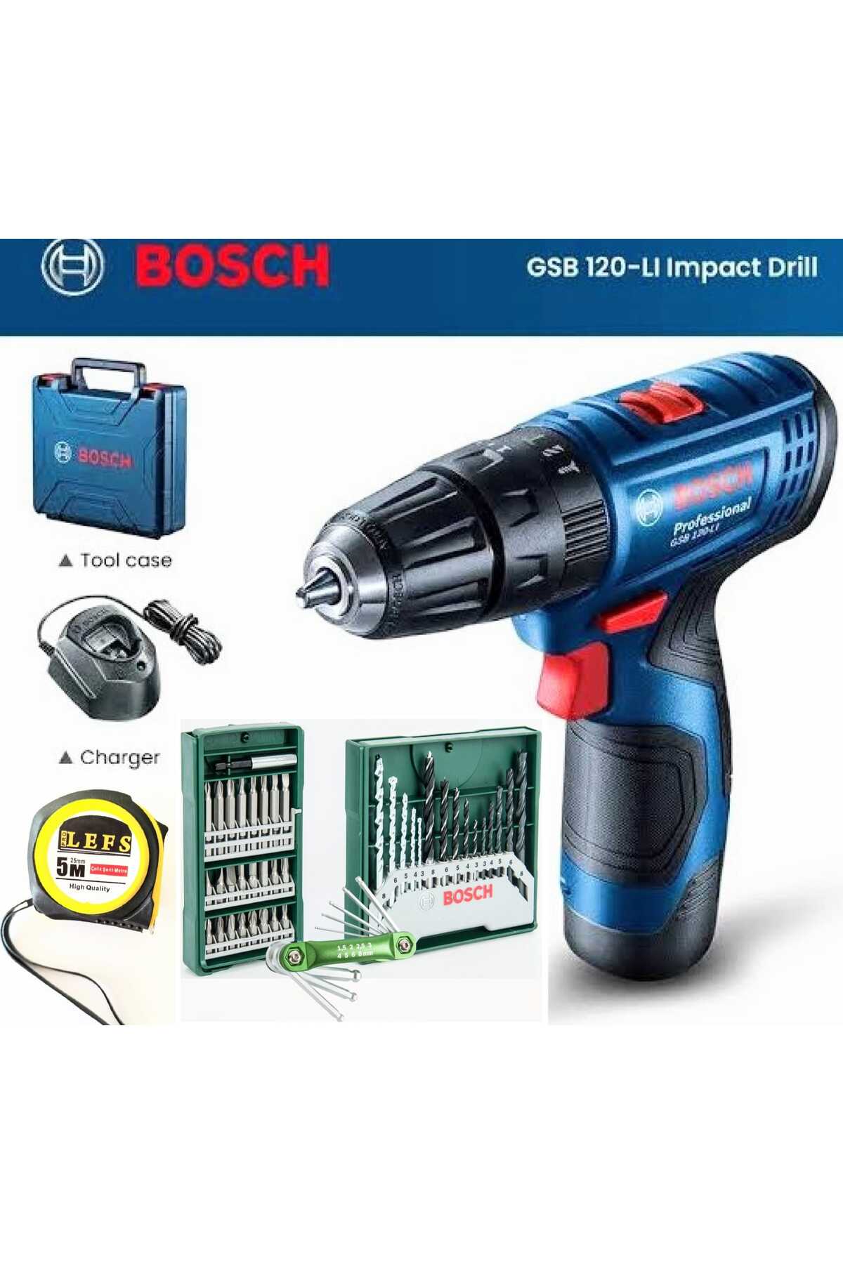 BOSCH GSB 120-LI 2 AH Akülü Darbeli Delme Vidalama(TEK AKÜ),  41 Parça Allen Takımı ve Metre