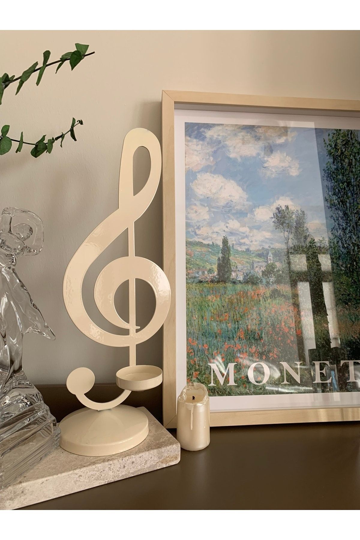 Metal Masaüstü Sol Anahtarı Mumluk 35 cm (Krem renk)