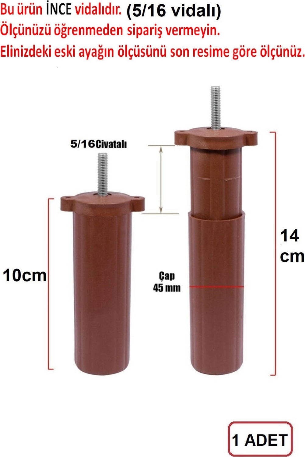 Orta Plastik Mobilya Koltuk Kanepe Ayağı Tek Adet Ceviz 10 - 14 cm 5/16 Vida (Vida Ölçüsüne Dikkat)