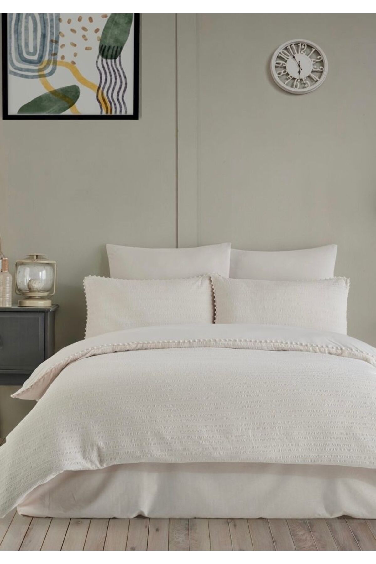 Emboss Ivory Fitilli Saten Çift Kişilik Nevresim Takımı
