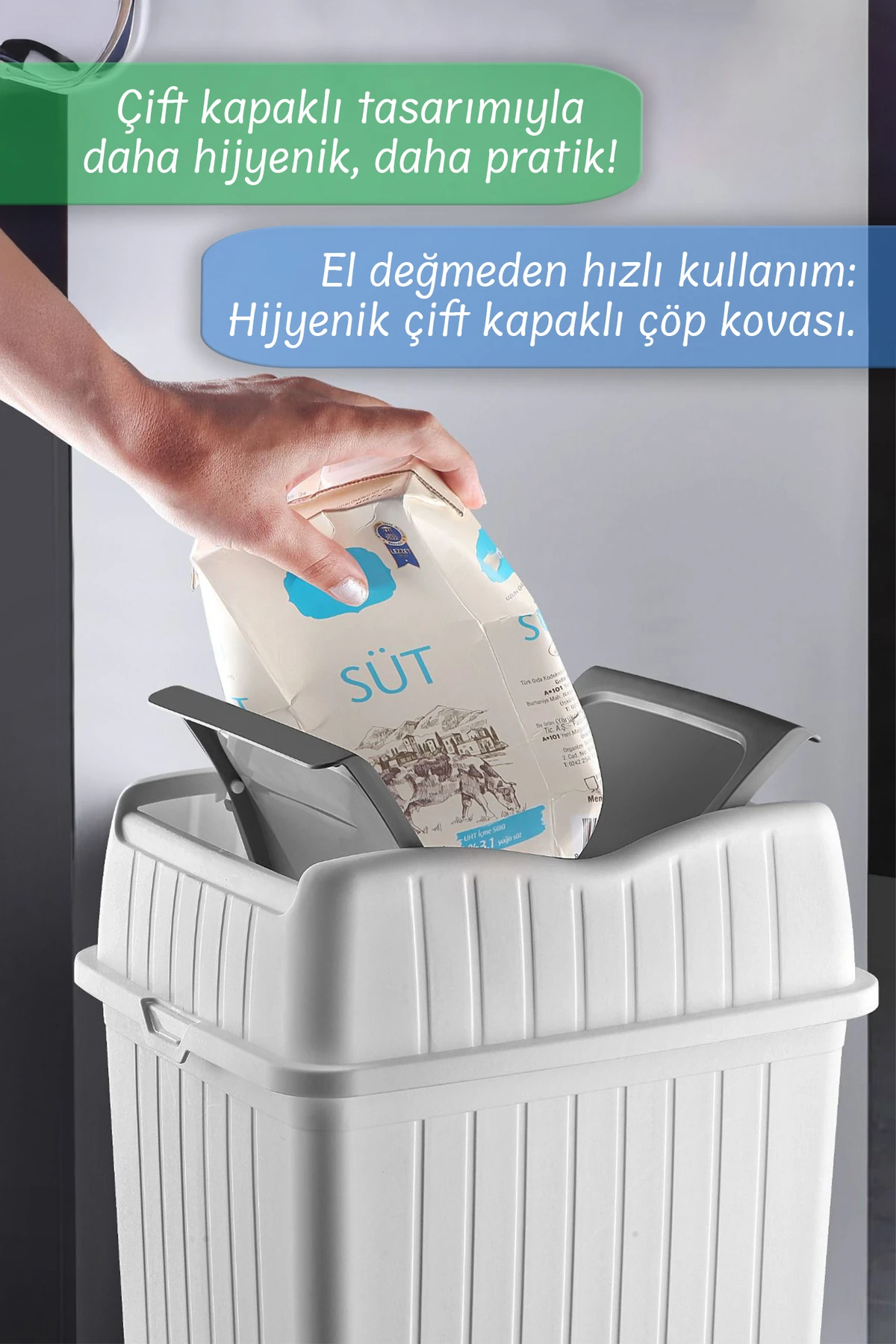 10 L - Çift Kapaklı Slim Çöp Kovası - Dekoratif Ev Ofis Banyo Mutfak Düzenleyici Çöp Kutusu Beyaz