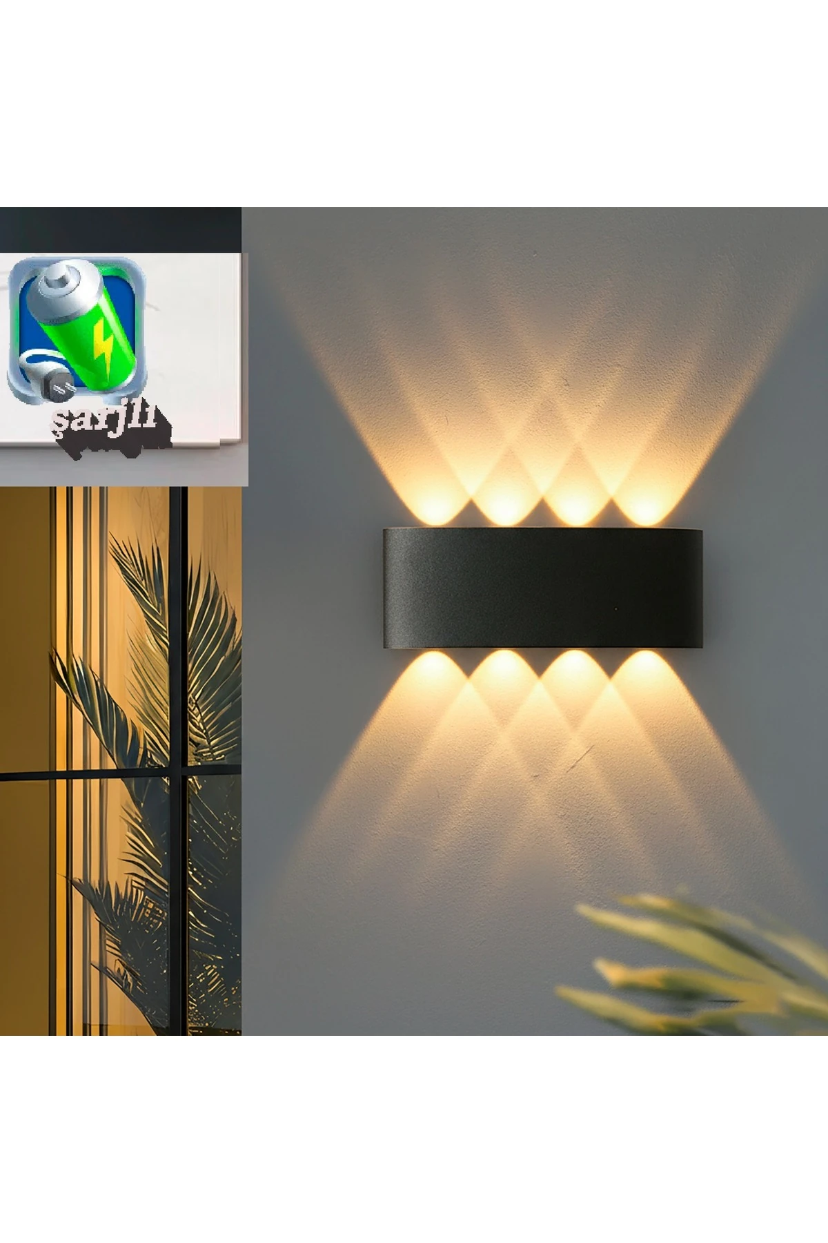 Şarj Et Kullan Mega Haiti Çift Taraflı Günışığı Siyah Anahtarlı Şarjlı Pilli Aplik-Tek Adet