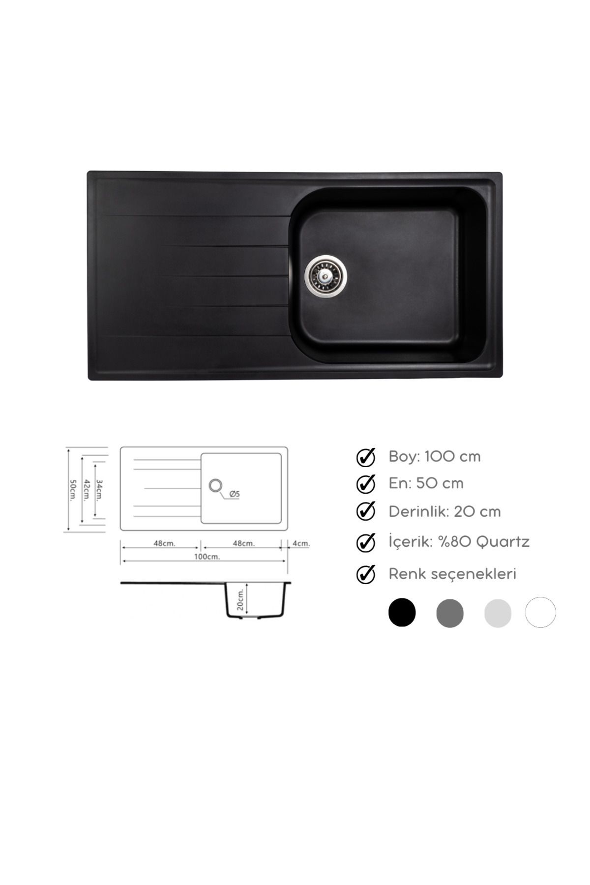 Granit Evye Siyah Tek Gözlü Mutfak Evyesi 100 X 50 Cm