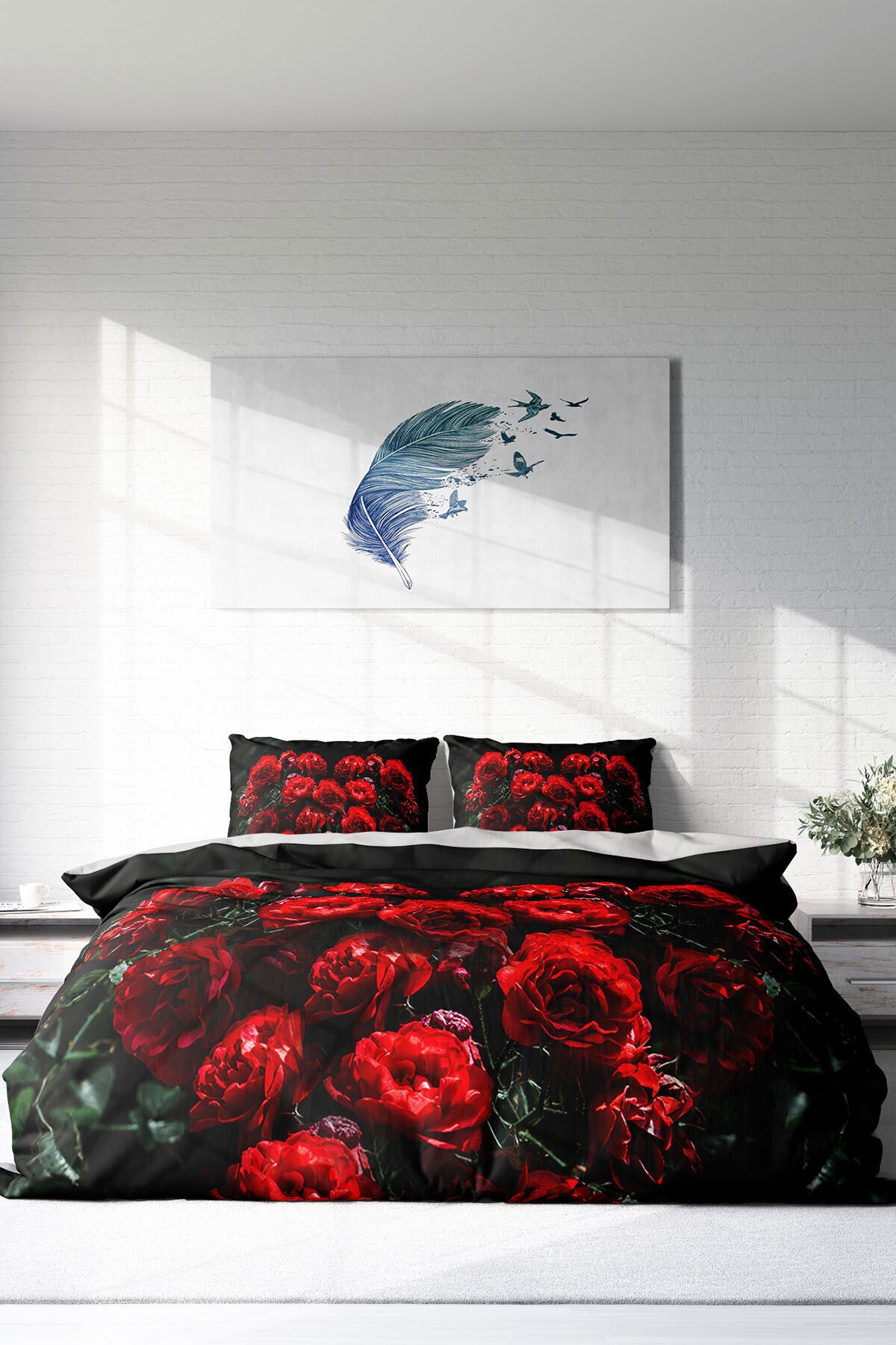 Lastikli Çarşaflı %100 Pamuk Saten Çift Kişilik Nevresim Takımı Red Black Roses