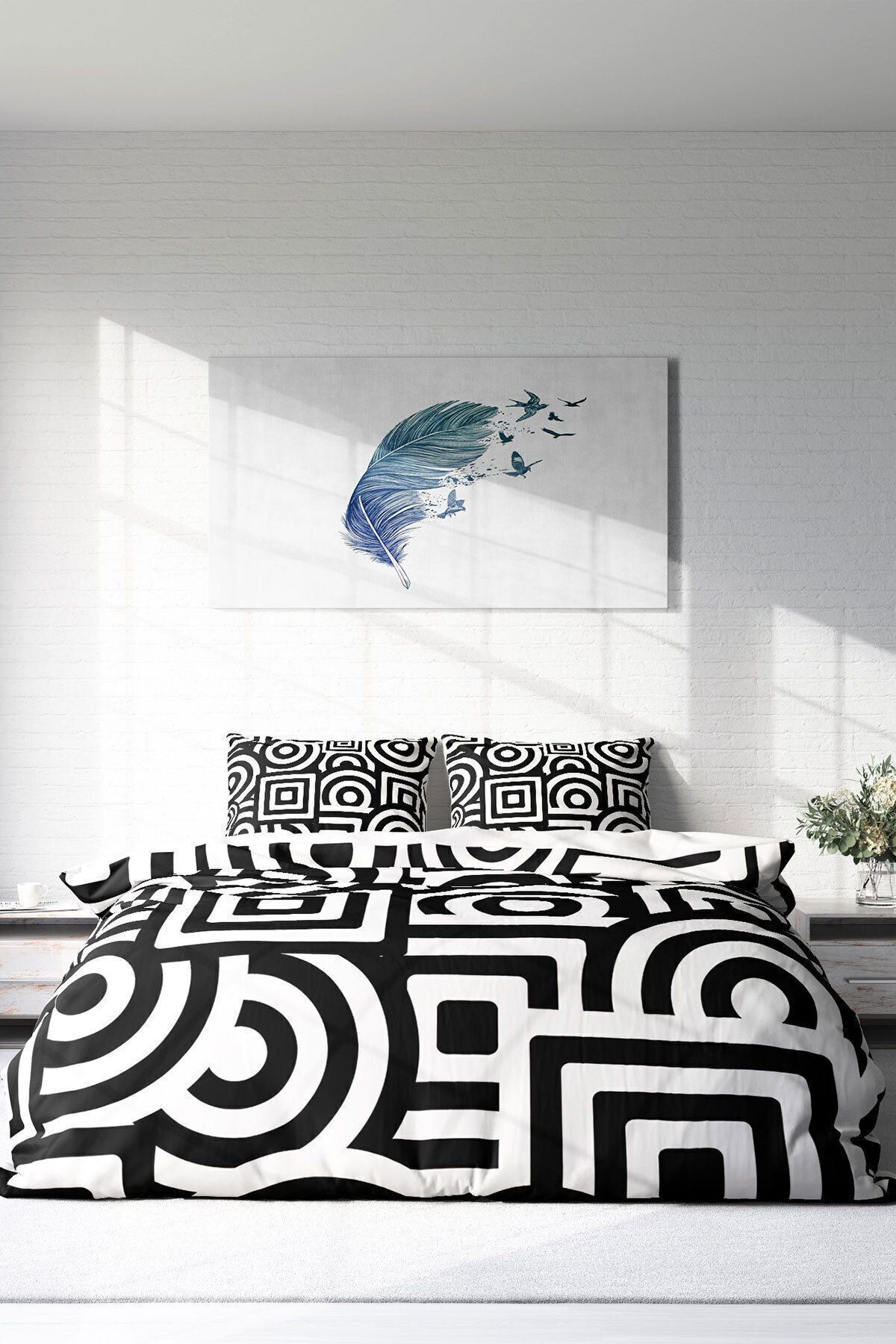 Lastikli Çarşaflı %100 Pamuk Saten Çift Kişilik Nevresim Takımı Geometric Mixed