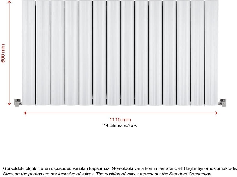 600 x 1115 mm Amber Yatay Beyaz Alüminyum Radyatör Standart Bağlantı