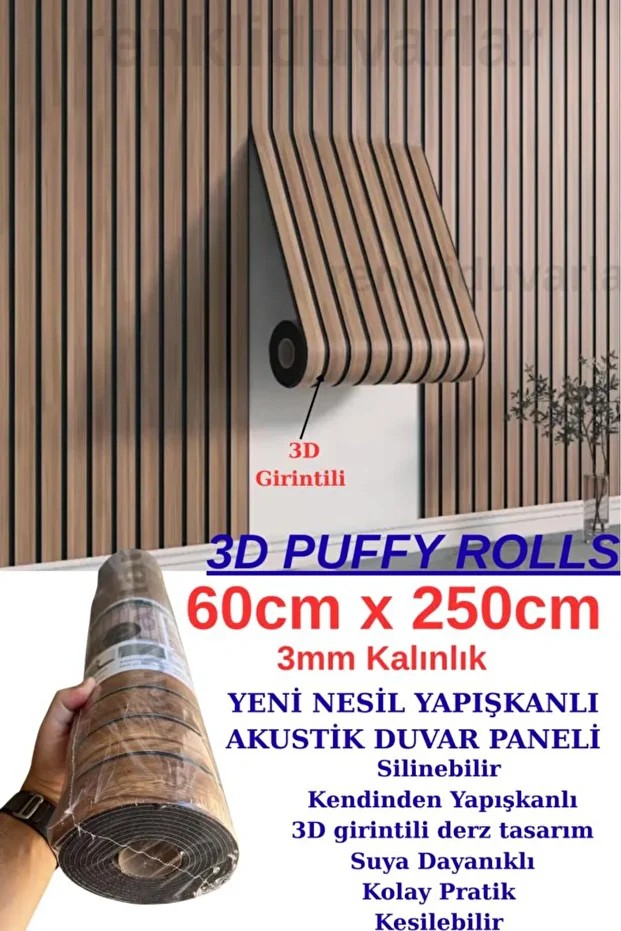 60cmx250cm 1 Adet Kahverengi 3D Yapışkanlı SXP Akustik Lambiri Desenli Duvar Paneli Kağıdı 3115-1