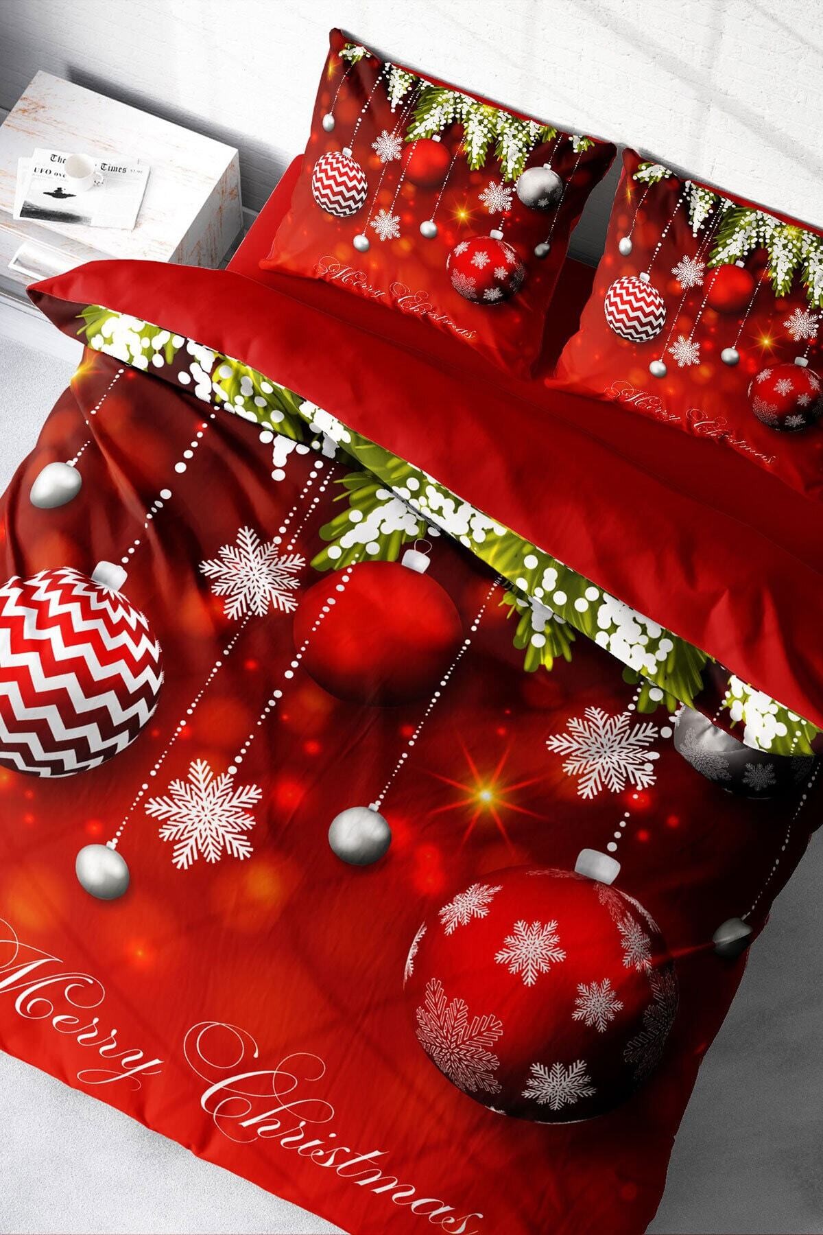 Kıng Sıze Yılbaşı Nevresim Takım %100 Doğal Pamuk Saten Noel Çift Kişilik Balls 220x240cm
