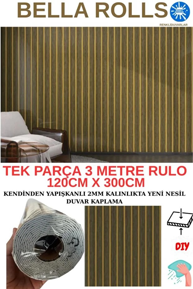 120cmx300cm Tek Parça Yapışkanlı Rulo Gold Çizgili Düz Parlak Duvar Paneli Kağıdı Taksim QM0133