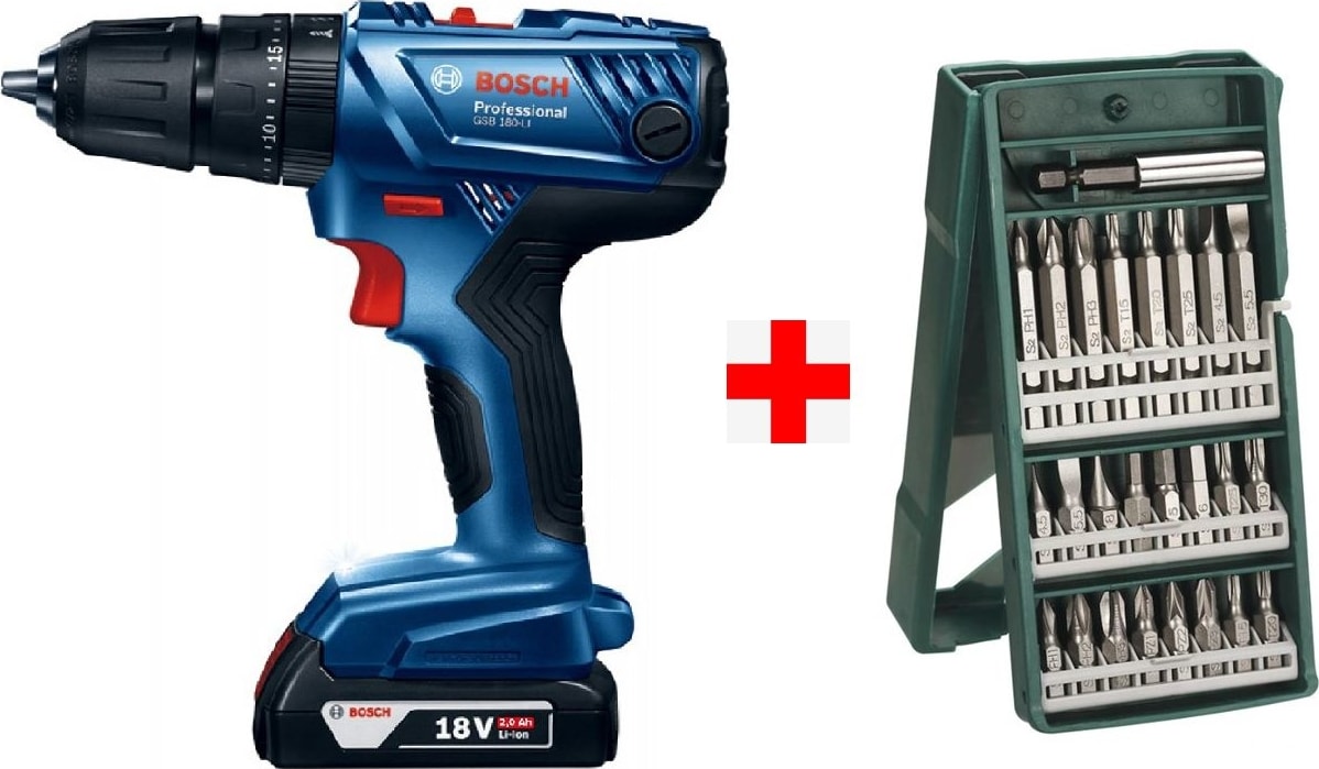 BOSCH Gsb 180-LI 18V 2AH Darbeli Akülü Vidalama Şarjlı Matkap + 25 Parça Vidalama Ucu Seti