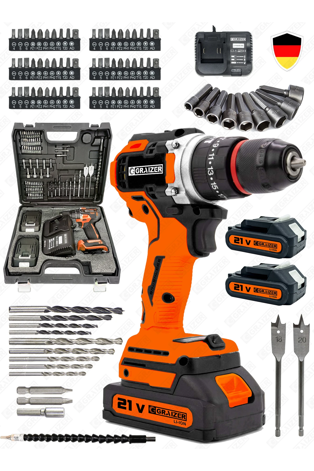 Alman 21 V Darbeli Profesyonel Kömürsüz Motor Çift Akülü Şarjlı Vidalama Matkap