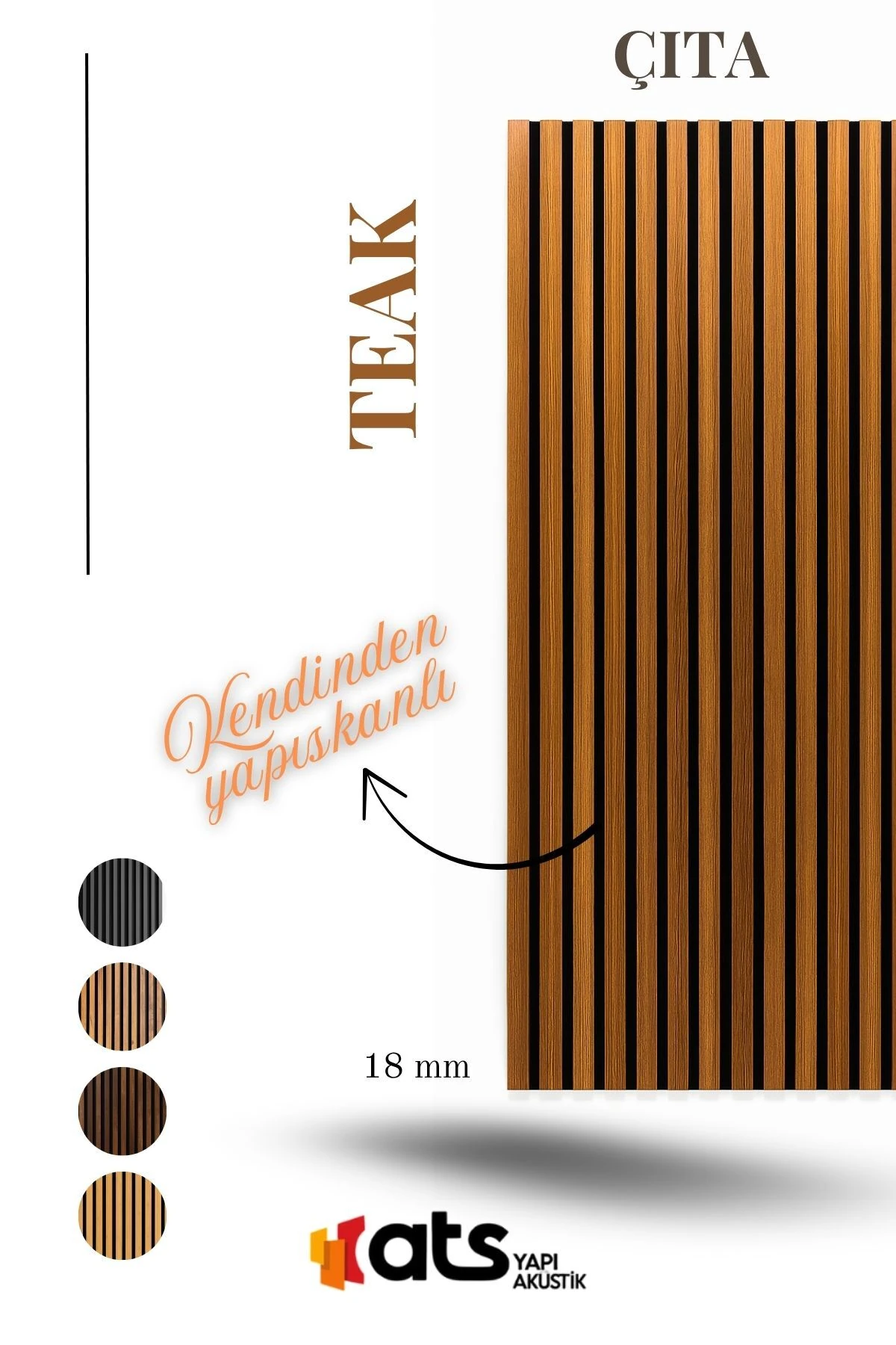 Teak Kendinden Yapışkanlı Dekoratif Çıta Panel – 18 mm Kalınlık | 120 cm Uzunluk | 12’li Set