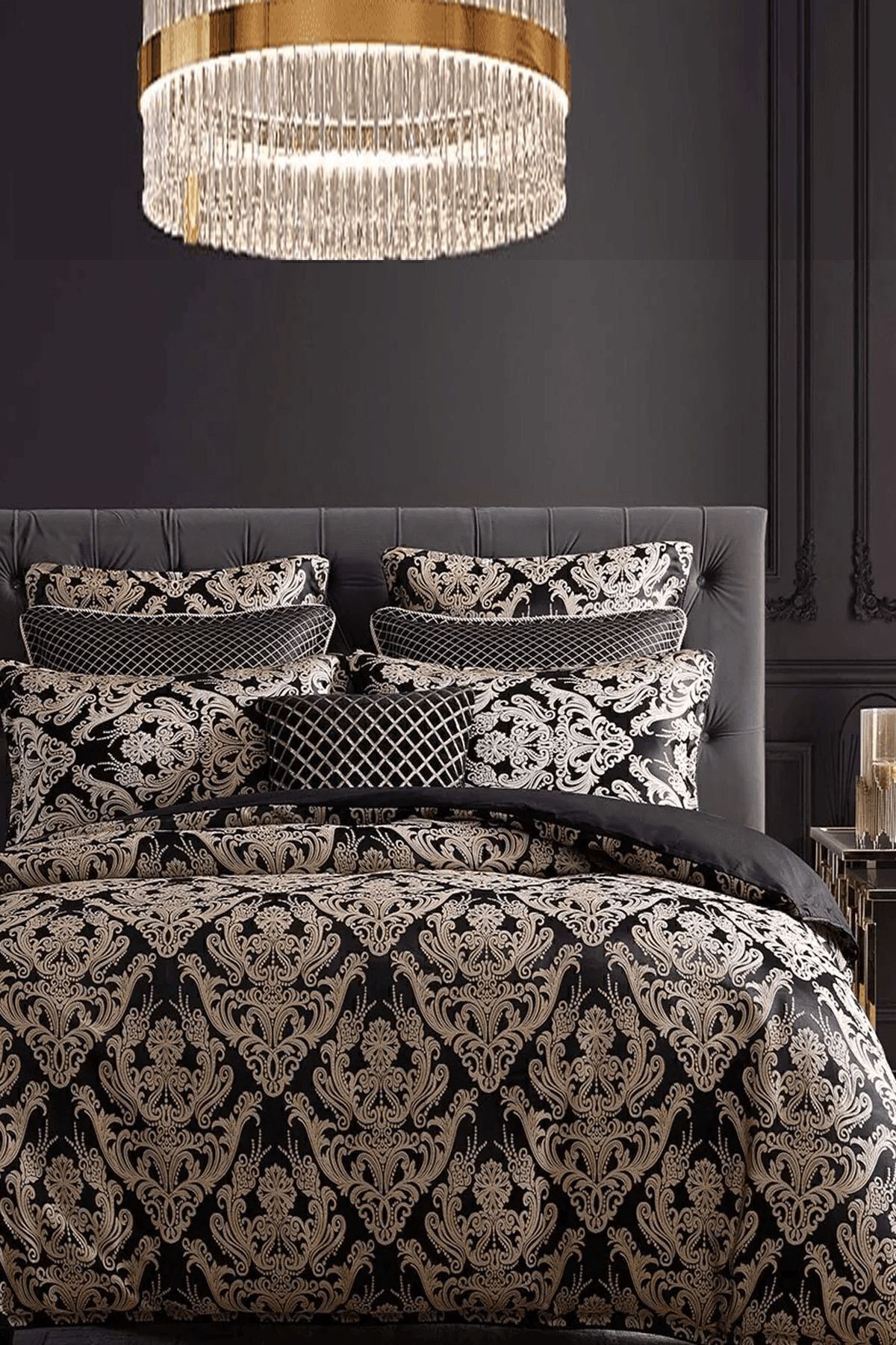 Lastikli Çarşaflı Nevresim Takımı Çift Kişilik Damask Bej