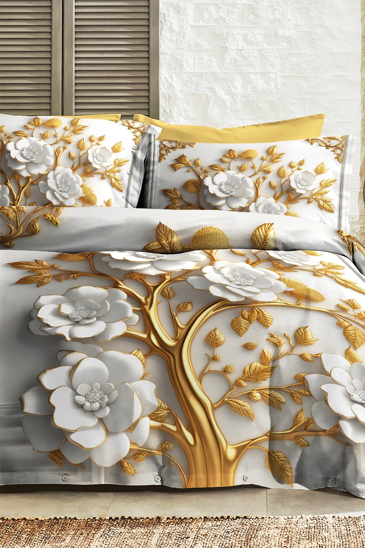 %100 PAMUK Ranforce Çeyizlik Luxury 5D Dijital Çift Kişilik Nevresim Takımı Dore