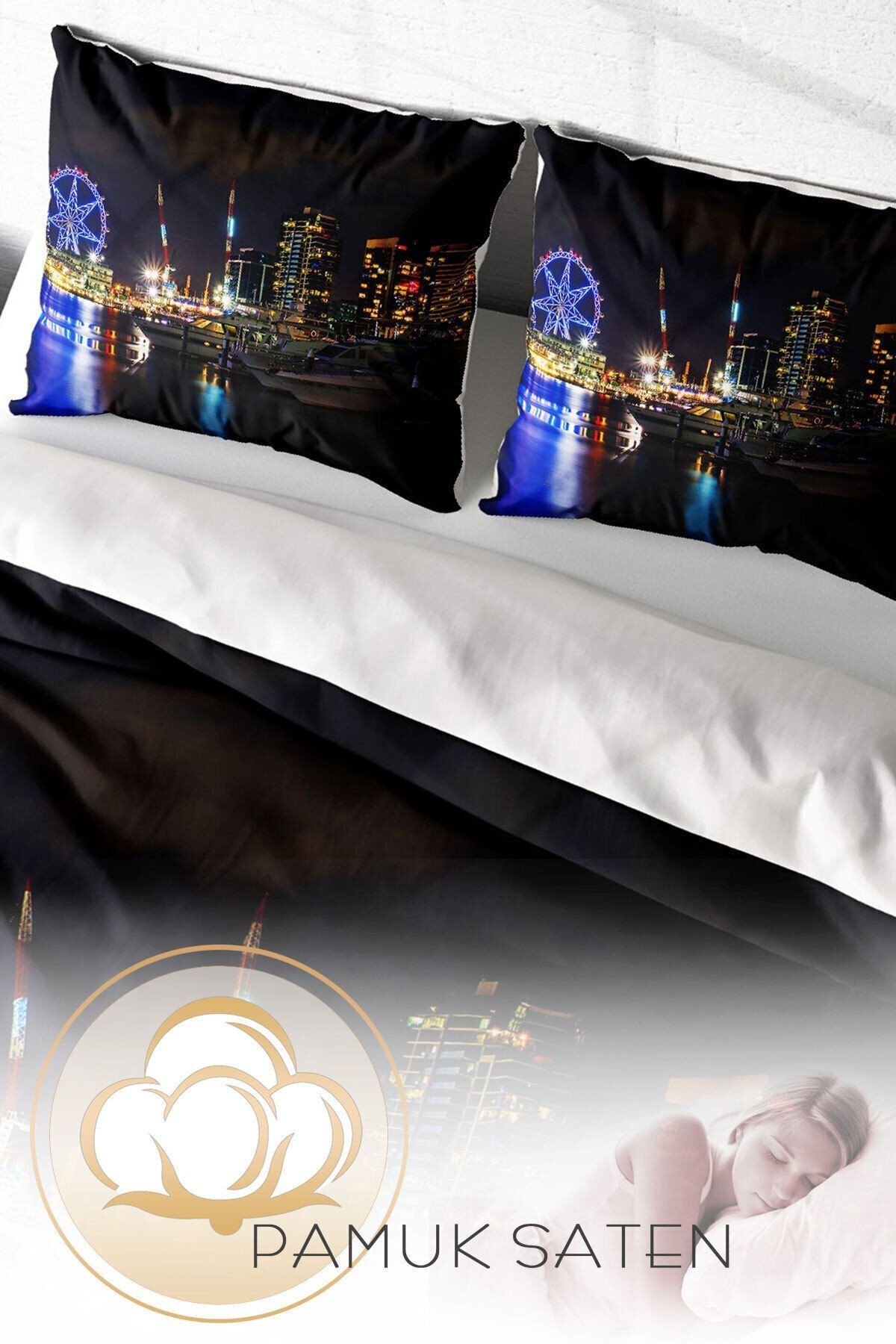 Lastikli Çarşaflı %100 Pamuk Saten Çift Kişilik Nevresim Takımı Harbor Night