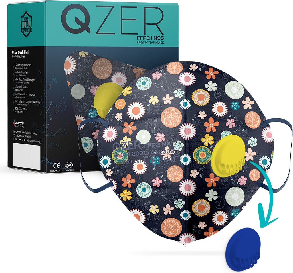 Qzer Lacivert Çiçek Desenli 5 Katlı Ventilli Ffp2 Nr N95 Maske