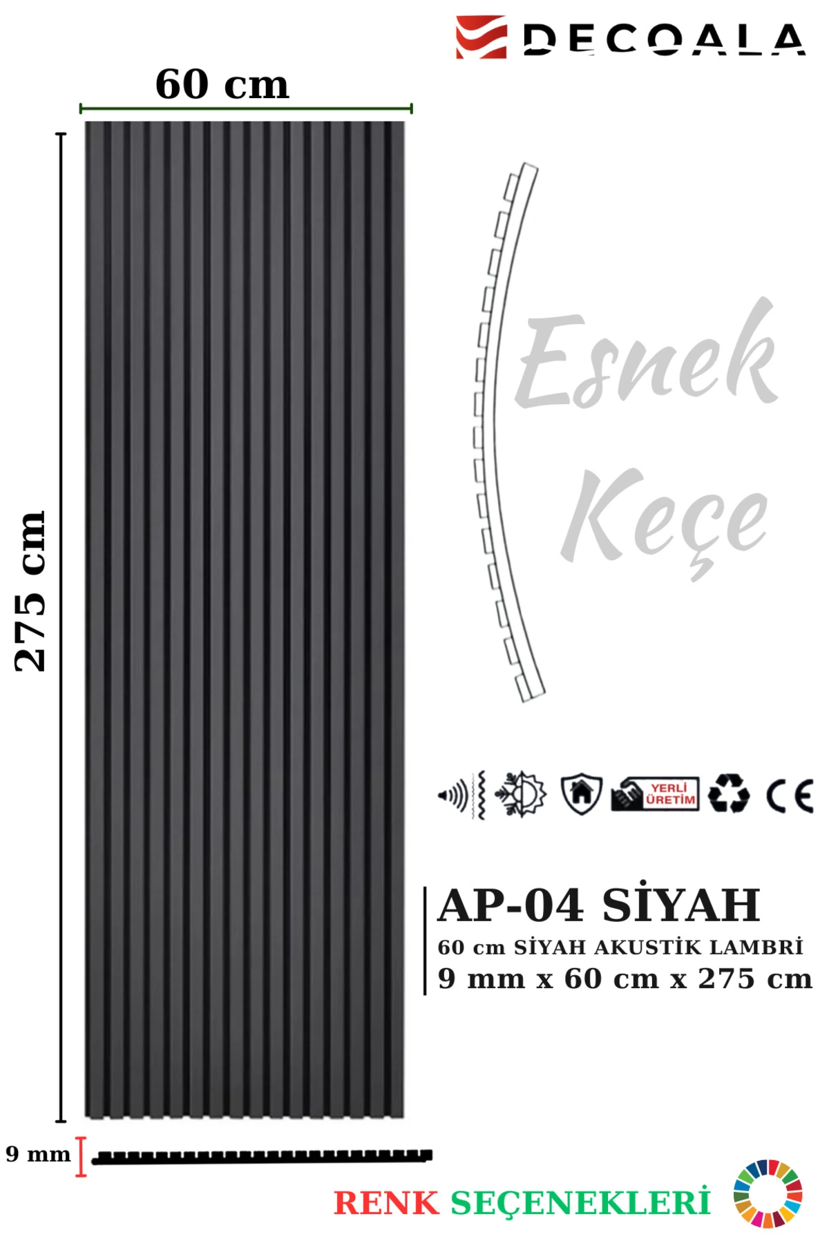 Mdf Ahşap Akustik Duvar Paneli 60x275 Cm - Siyah